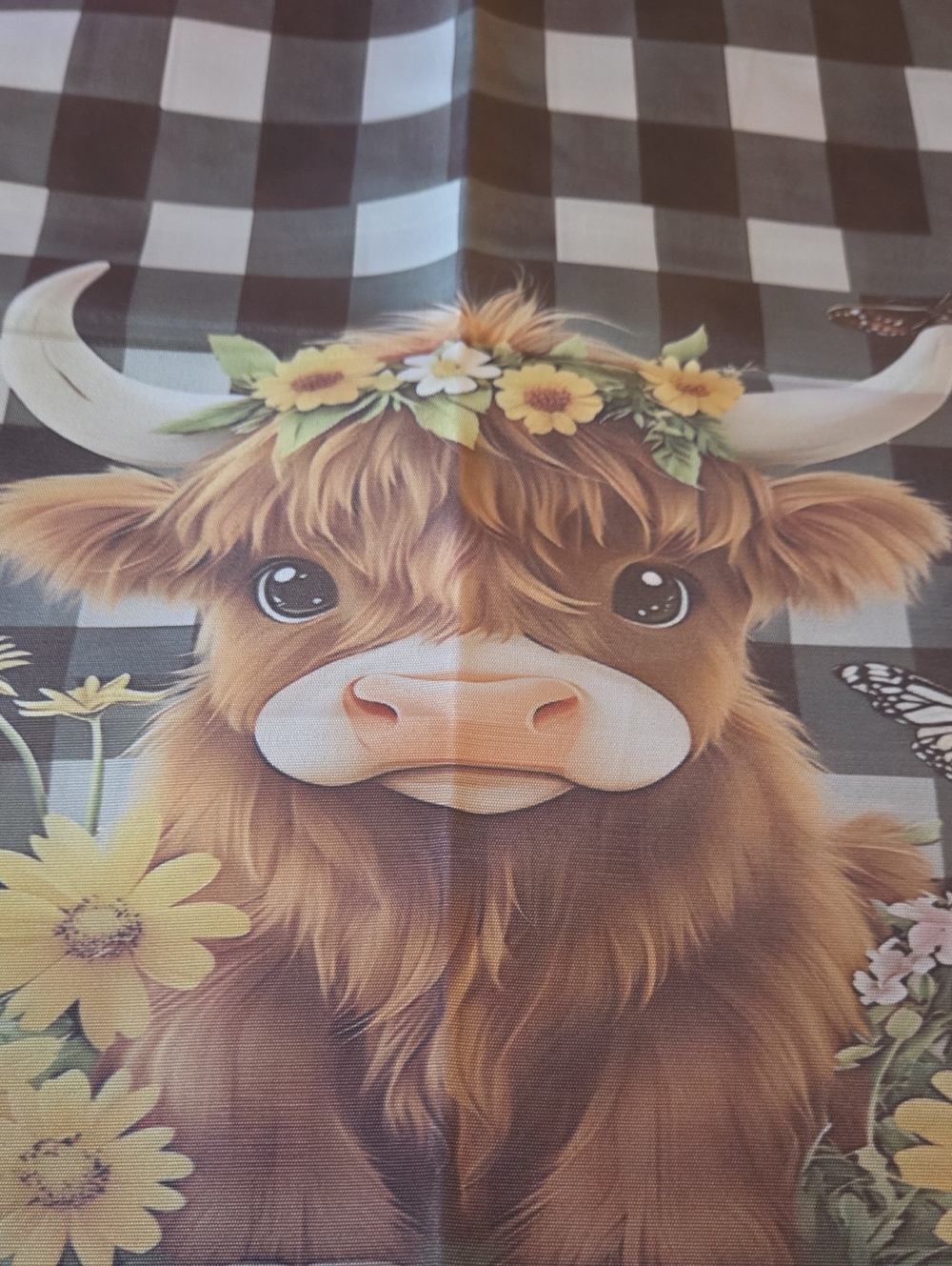 Cute Highland Cow Floral Black White Check Print Table Runner